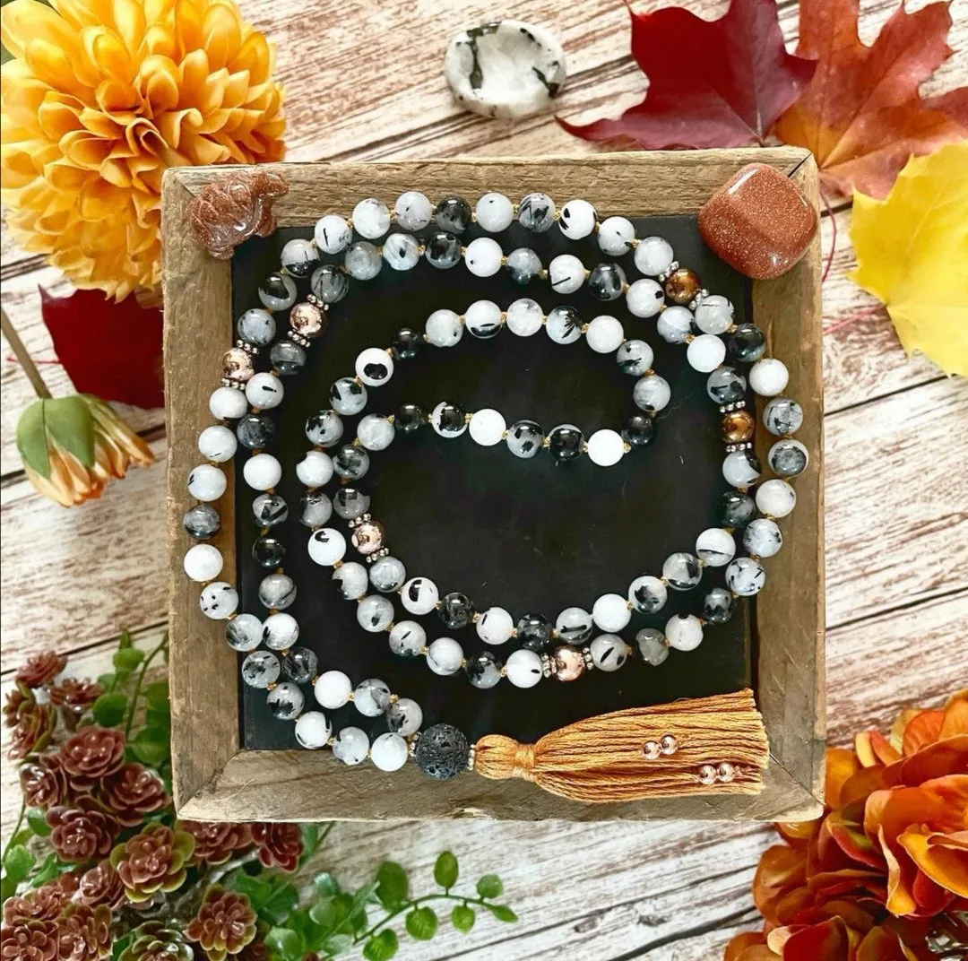 Tourmalinated Quartz Mala Necklace - Capricorn Birthstone Mala