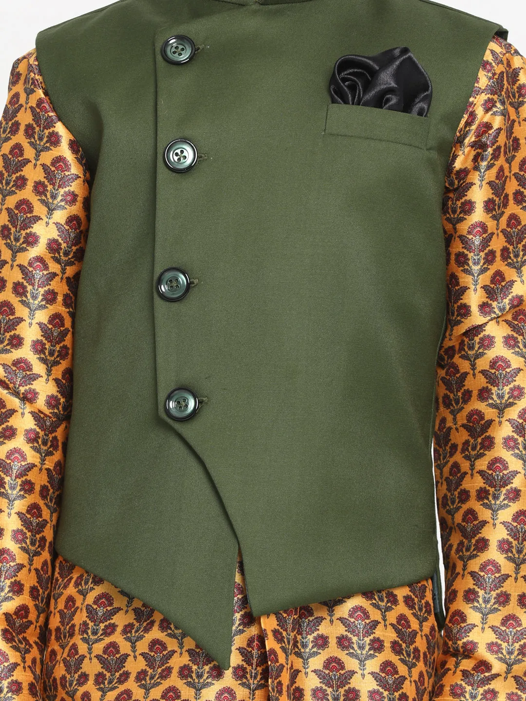 Vastramay Boy's Green Twill Jacket, Printed Kurta and Pyjama Set