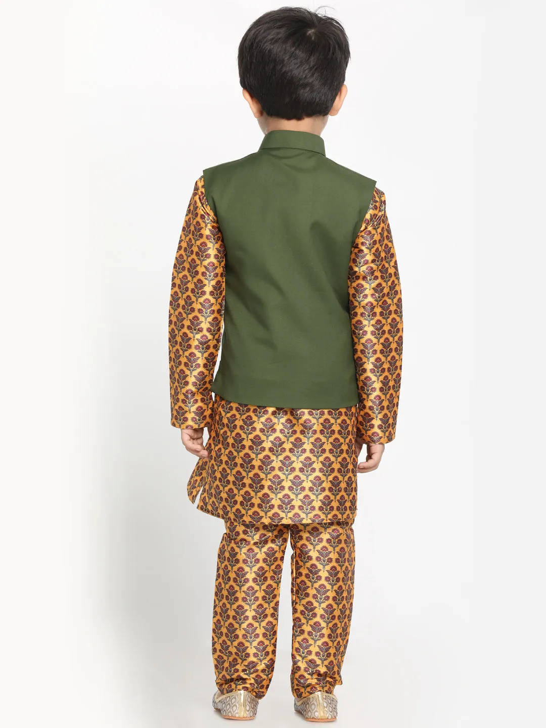 Vastramay Boy's Green Twill Jacket, Printed Kurta and Pyjama Set