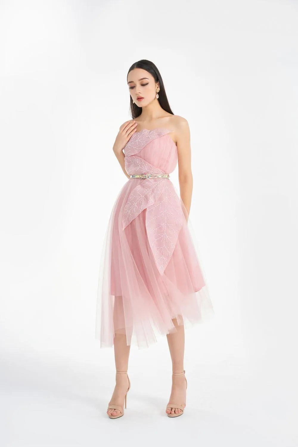 Verity Strapless Gathered Mesh Sheer Midi Dress