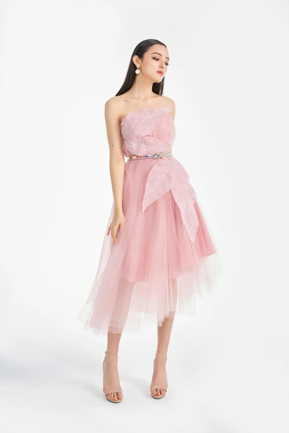 Verity Strapless Gathered Mesh Sheer Midi Dress