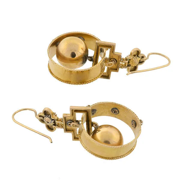 Victorian 15kt Mixed Metals & Diamond Hoop & Ball Earrings