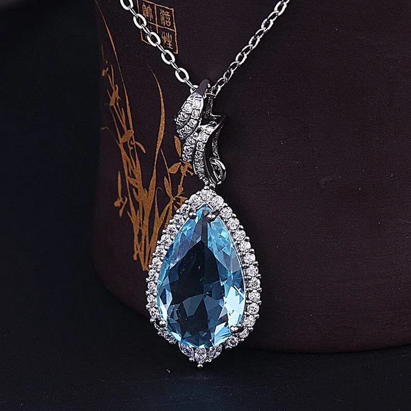 Water Drop Shaped Aquamarine Pendant Necklace - 925 Sterling Silver