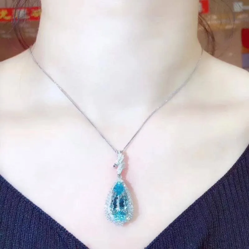 Water Drop Shaped Aquamarine Pendant Necklace - 925 Sterling Silver