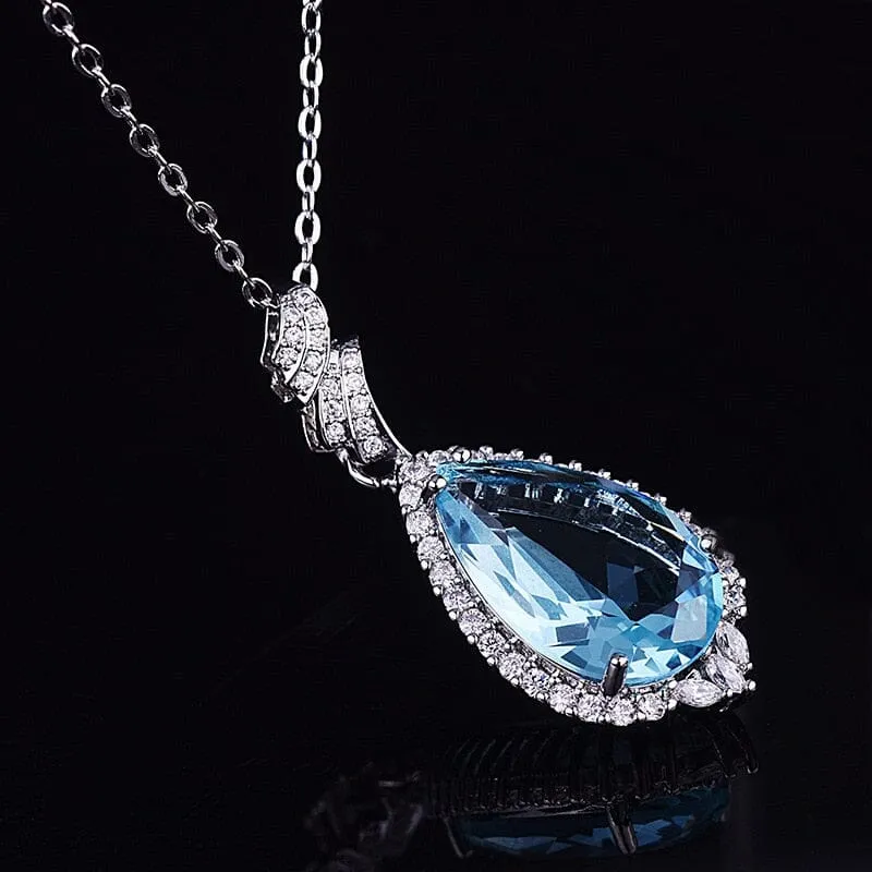 Water Drop Shaped Aquamarine Pendant Necklace - 925 Sterling Silver