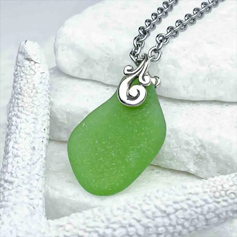 Wave-Shaped Green Sea Glass Pendant with Sterling Silver Ocean Waves Bail | #1743