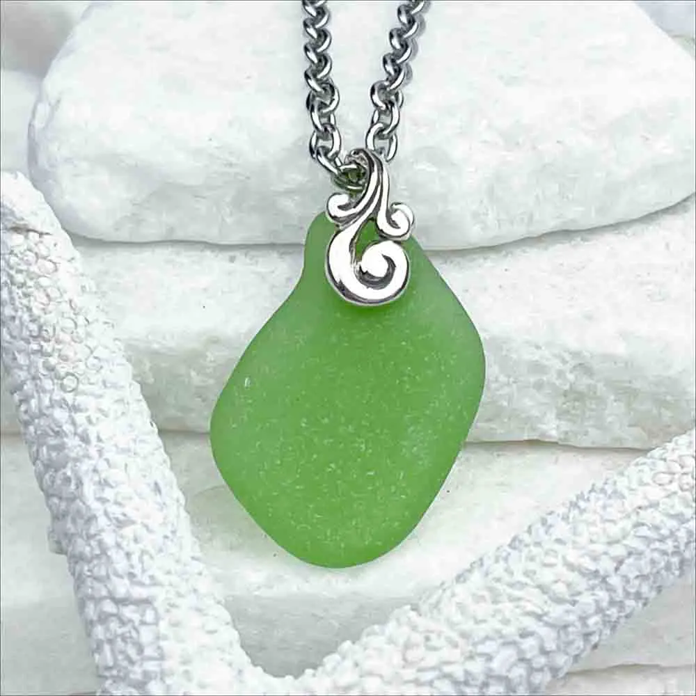 Wave-Shaped Green Sea Glass Pendant with Sterling Silver Ocean Waves Bail | #1743