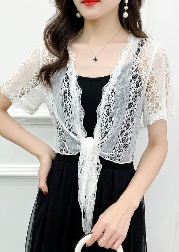 White Solid Hollow Out Lace Cardigan V Neck Short Sleeve AS1024