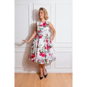 White Vibrant Floral Print V Neck Rockabilly 50s Swing Dress