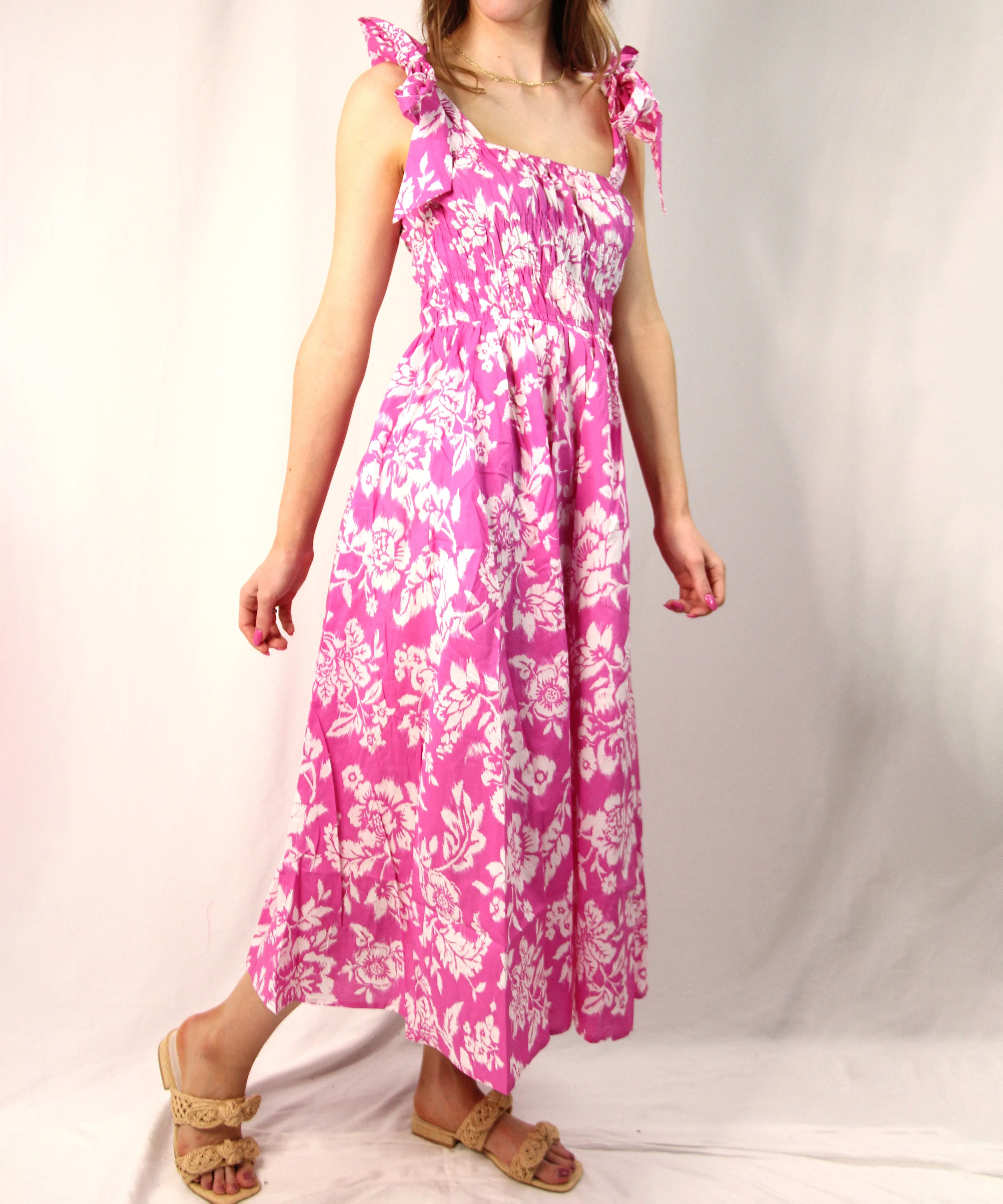 Wide Strap Floral Midi Dress - Pink