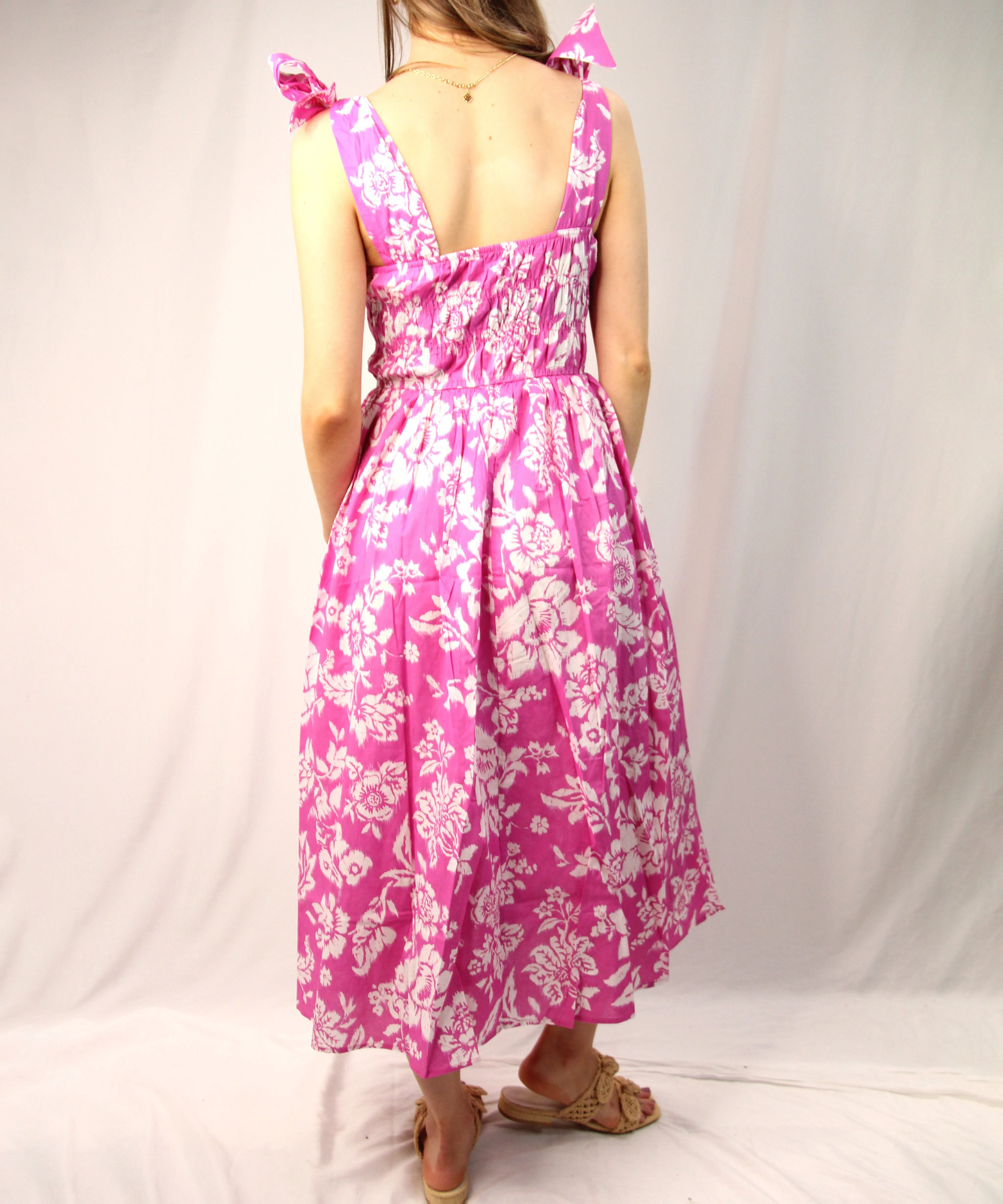 Wide Strap Floral Midi Dress - Pink