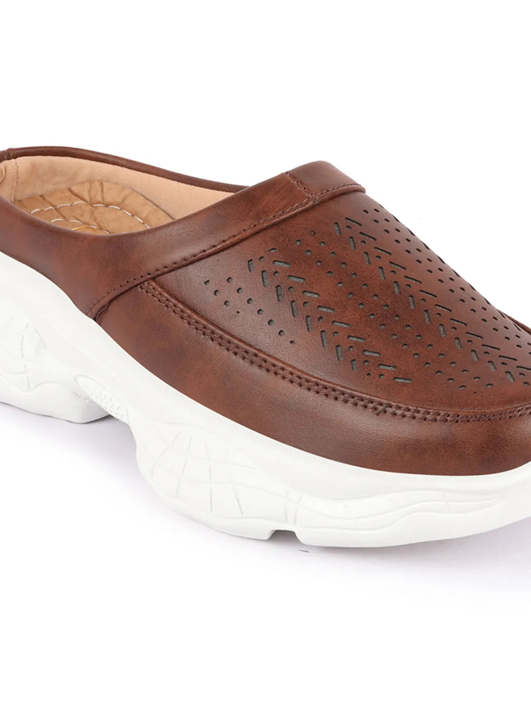 Women Brown Laser Cut Design Stitched Back Open Slip On Mules Shoes