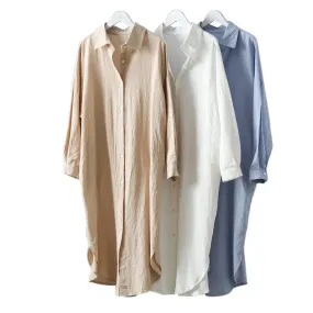 Women Casual Linen Cotton Loose Long Sleeve T Shirts Tops Midi Length Blouse