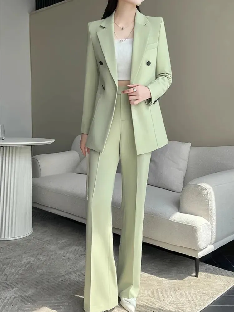 Women Fashion New Elegant Chic Blazer Pantsuit Vintage Casual Solid Jackets Straight Pants Two Pieces Set Female Formal Outfits