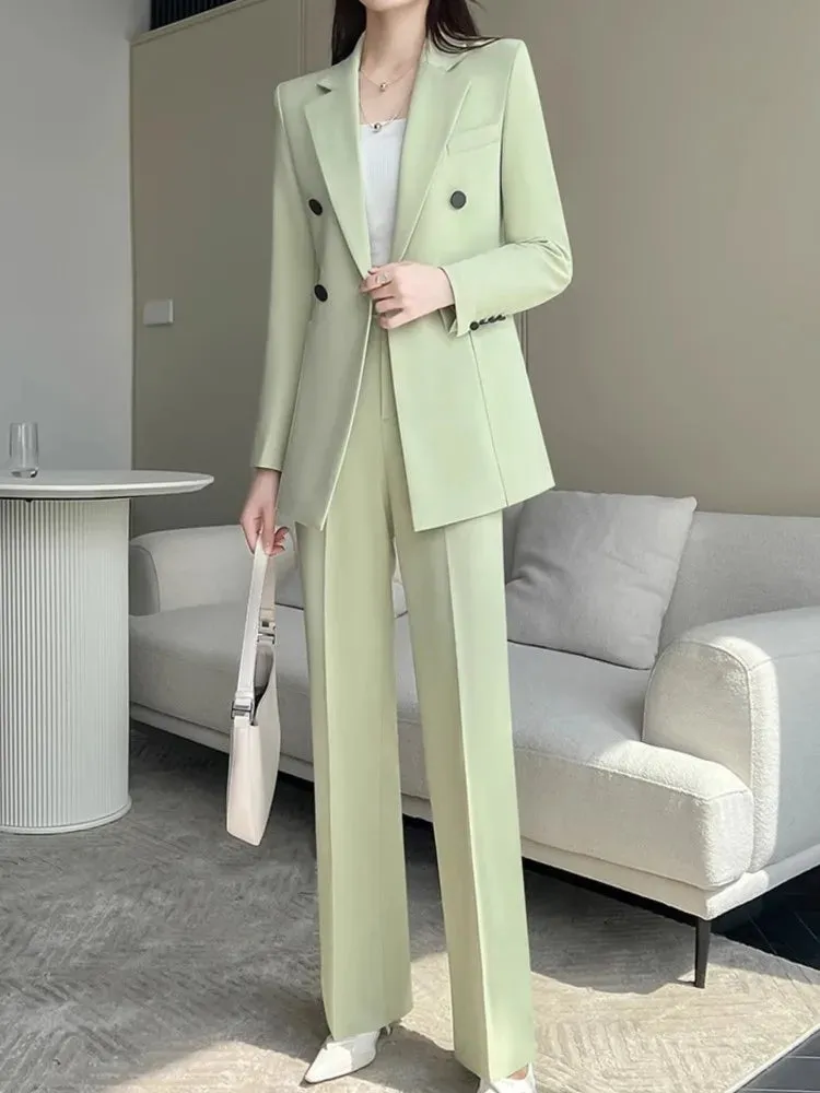 Women Fashion New Elegant Chic Blazer Pantsuit Vintage Casual Solid Jackets Straight Pants Two Pieces Set Female Formal Outfits