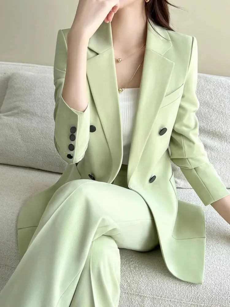 Women Fashion New Elegant Chic Blazer Pantsuit Vintage Casual Solid Jackets Straight Pants Two Pieces Set Female Formal Outfits