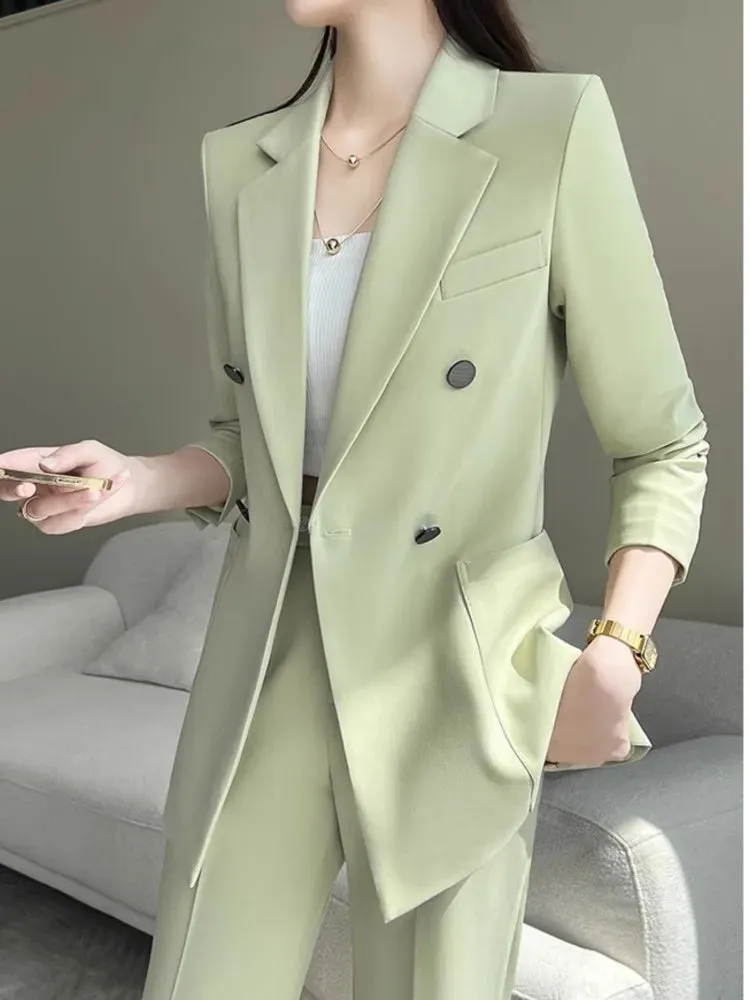 Women Fashion New Elegant Chic Blazer Pantsuit Vintage Casual Solid Jackets Straight Pants Two Pieces Set Female Formal Outfits