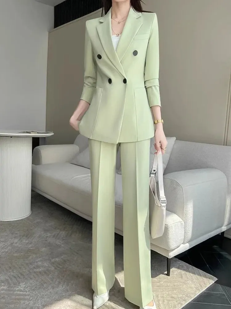 Women Fashion New Elegant Chic Blazer Pantsuit Vintage Casual Solid Jackets Straight Pants Two Pieces Set Female Formal Outfits