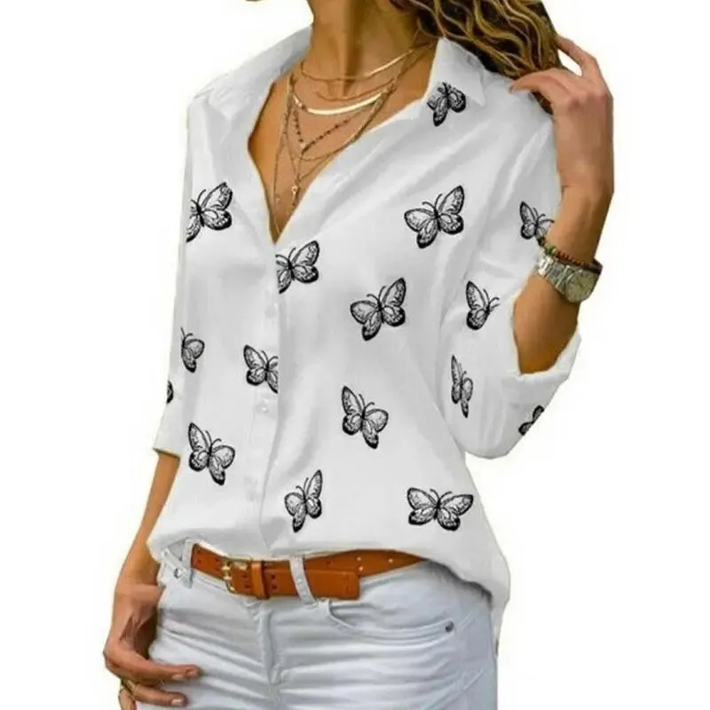 Women Long Sleeve Blouse Oversized Spring Autumn Turn Down Collar Loose Office Lady Casual Butterfly Printing Basic