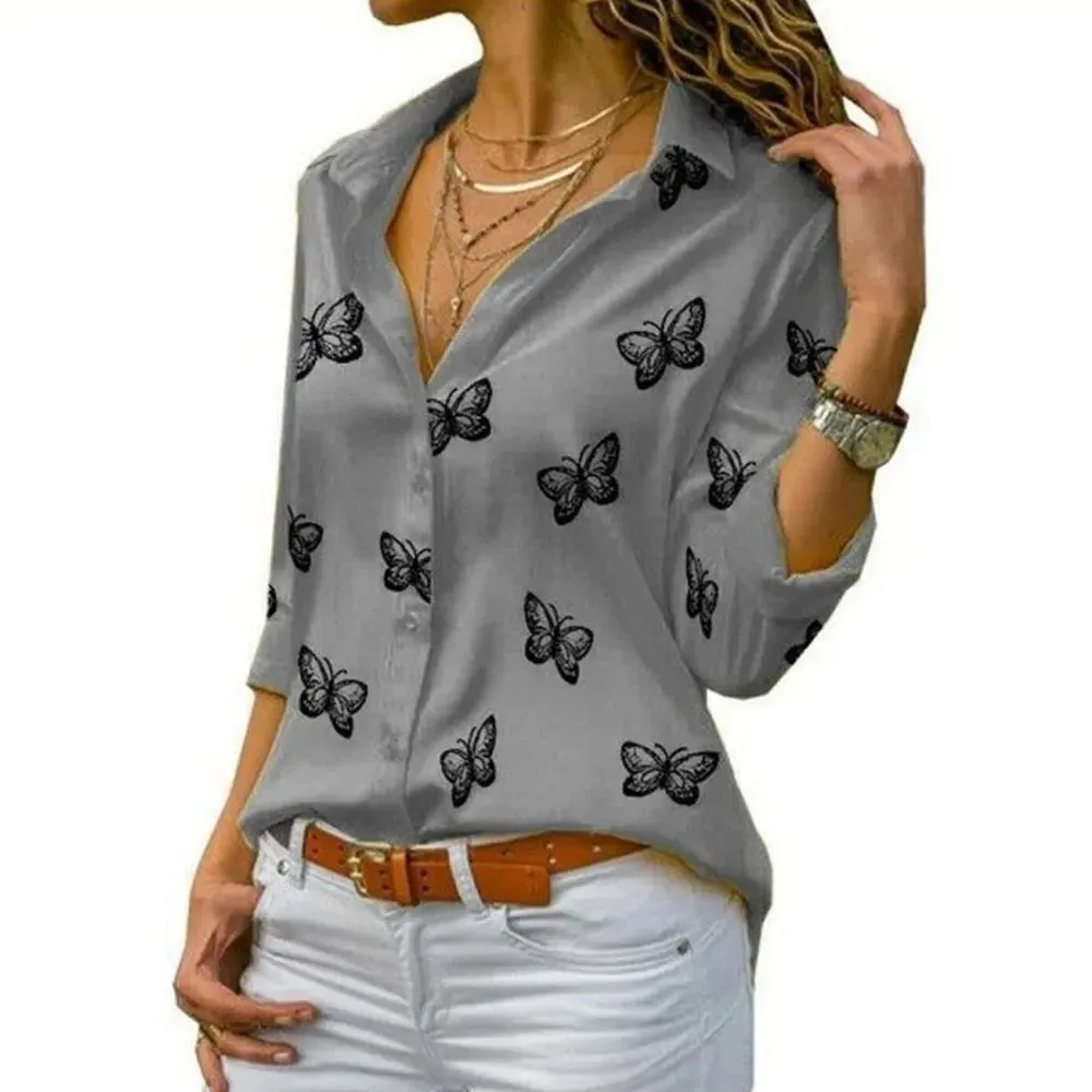 Women Long Sleeve Blouse Oversized Spring Autumn Turn Down Collar Loose Office Lady Casual Butterfly Printing Basic