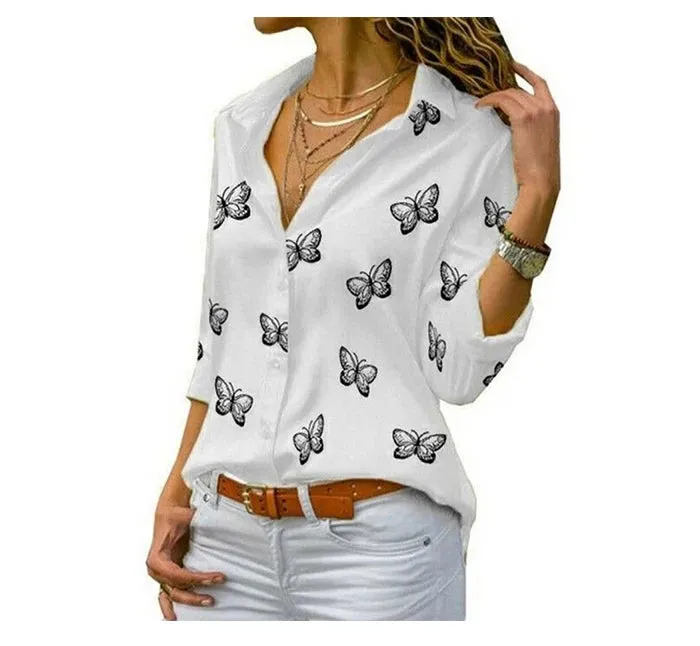 Women Long Sleeve Blouse Oversized Spring Autumn Turn Down Collar Loose Office Lady Casual Butterfly Printing Basic