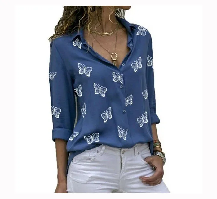 Women Long Sleeve Blouse Oversized Spring Autumn Turn Down Collar Loose Office Lady Casual Butterfly Printing Basic