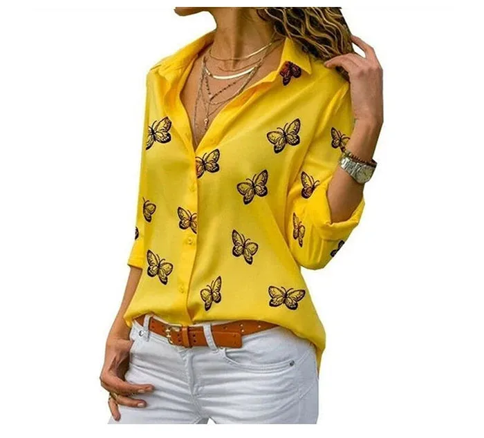 Women Long Sleeve Blouse Oversized Spring Autumn Turn Down Collar Loose Office Lady Casual Butterfly Printing Basic