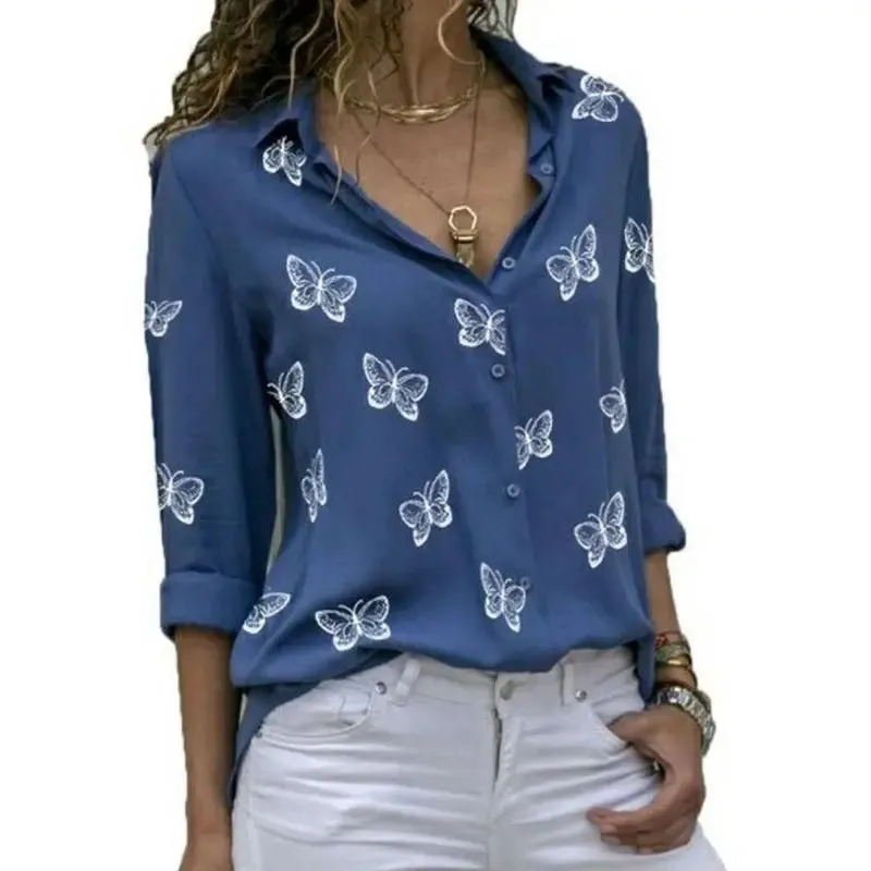 Women Long Sleeve Blouse Oversized Spring Autumn Turn Down Collar Loose Office Lady Casual Butterfly Printing Basic