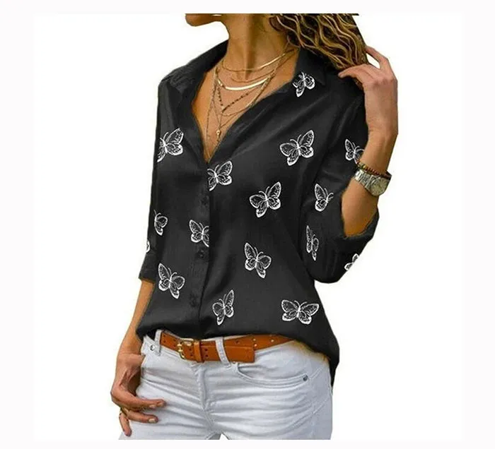 Women Long Sleeve Blouse Oversized Spring Autumn Turn Down Collar Loose Office Lady Casual Butterfly Printing Basic