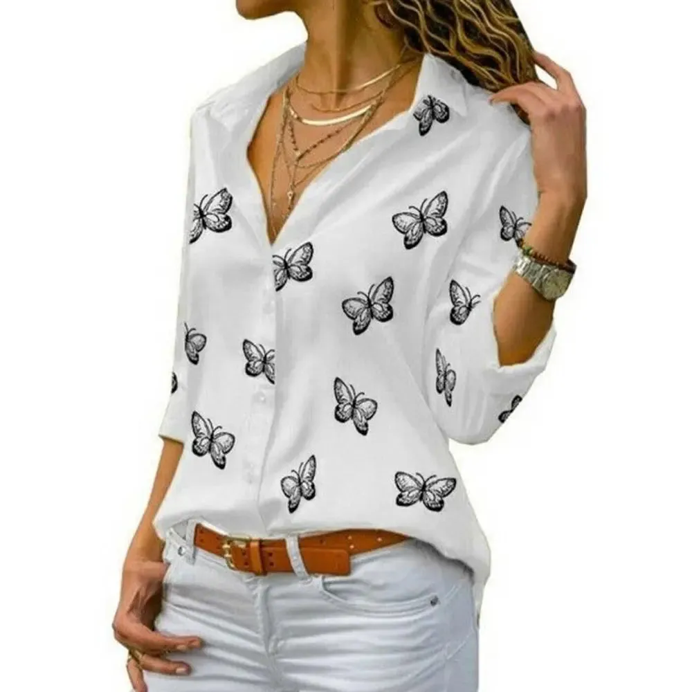 Women Long Sleeve Blouse Oversized Spring Autumn Turn Down Collar Loose Office Lady Casual Butterfly Printing Basic