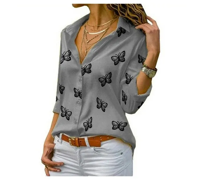 Women Long Sleeve Blouse Oversized Spring Autumn Turn Down Collar Loose Office Lady Casual Butterfly Printing Basic