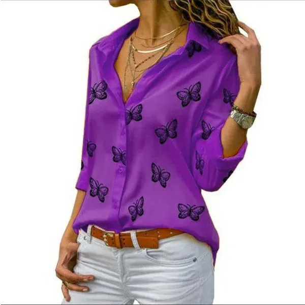 Women Long Sleeve Blouse Oversized Spring Autumn Turn Down Collar Loose Office Lady Casual Butterfly Printing Basic