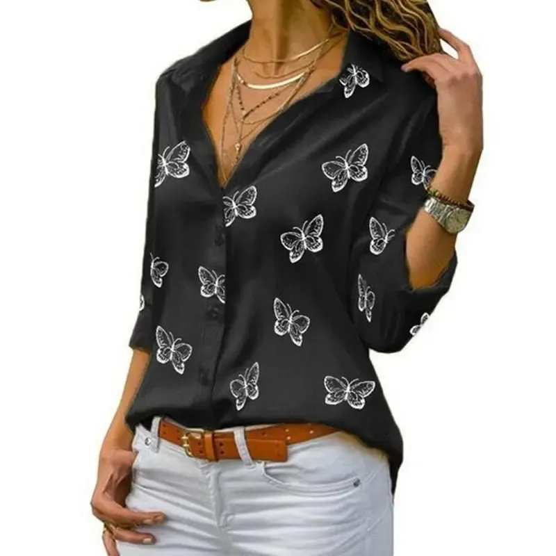 Women Long Sleeve Blouse Oversized Spring Autumn Turn Down Collar Loose Office Lady Casual Butterfly Printing Basic