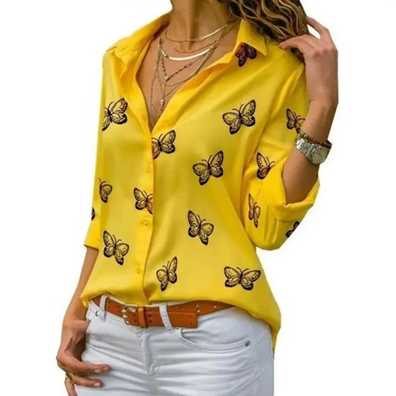 Women Long Sleeve Blouse Oversized Spring Autumn Turn Down Collar Loose Office Lady Casual Butterfly Printing Basic