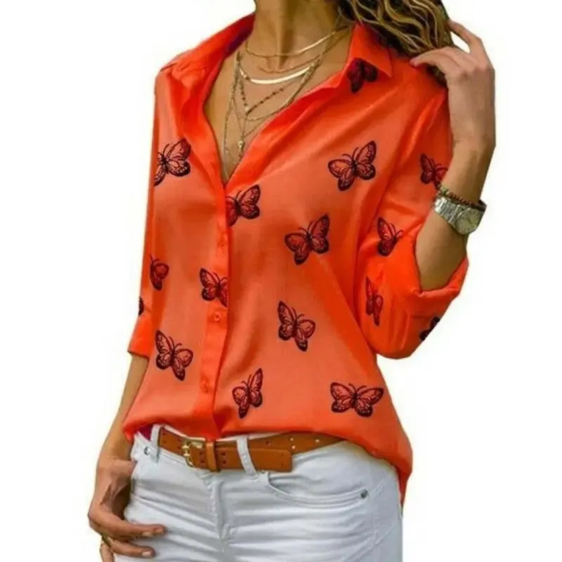 Women Long Sleeve Blouse Oversized Spring Autumn Turn Down Collar Loose Office Lady Casual Butterfly Printing Basic