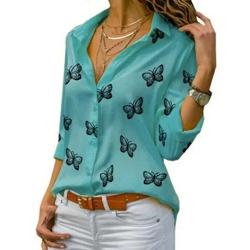 Women Long Sleeve Blouse Oversized Spring Autumn Turn Down Collar Loose Office Lady Casual Butterfly Printing Basic