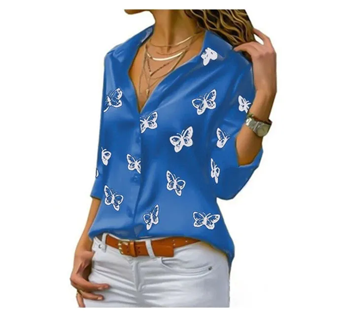 Women Long Sleeve Blouse Oversized Spring Autumn Turn Down Collar Loose Office Lady Casual Butterfly Printing Basic