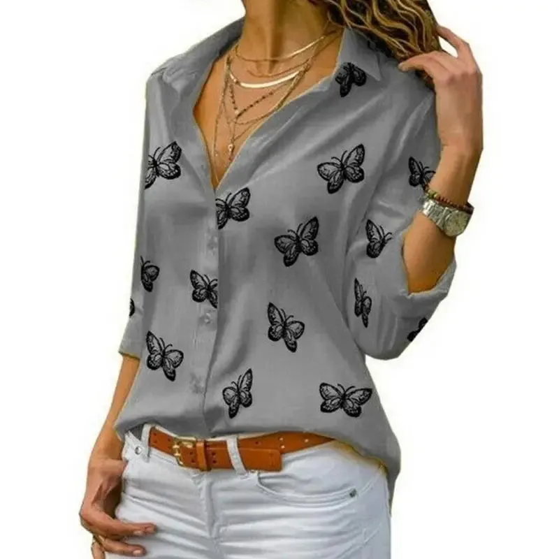 Women Long Sleeve Blouse Oversized Spring Autumn Turn Down Collar Loose Office Lady Casual Butterfly Printing Basic