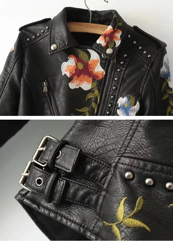 Women PU Faux Leather Outerwear Lady Slim Fit Floral Embroidery Black Coat