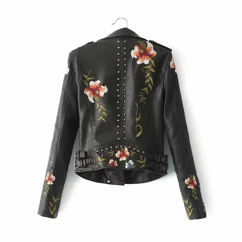 Women PU Faux Leather Outerwear Lady Slim Fit Floral Embroidery Black Coat