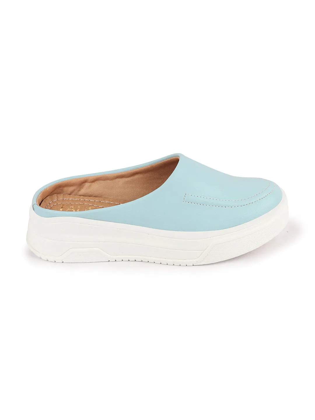 Women Sky Blue Outdoor Fashion Stitched Design Open Back Platform Heel Slip On Casual Shoes