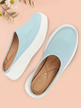 Women Sky Blue Outdoor Fashion Stitched Design Open Back Platform Heel Slip On Casual Shoes