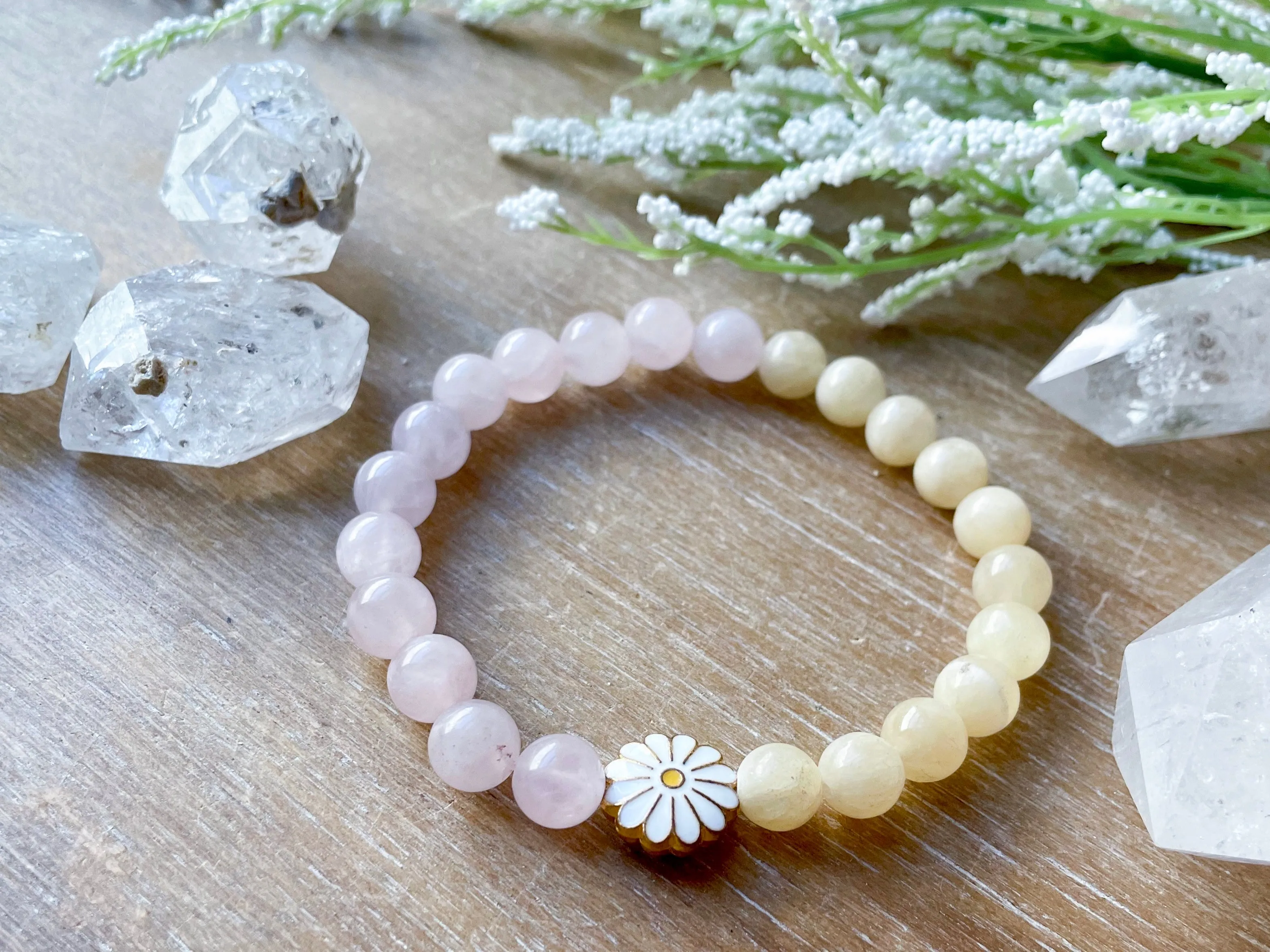 Yellow Calcite & Rose Quartz Daisy Beaded Bracelet || Reiki Infused