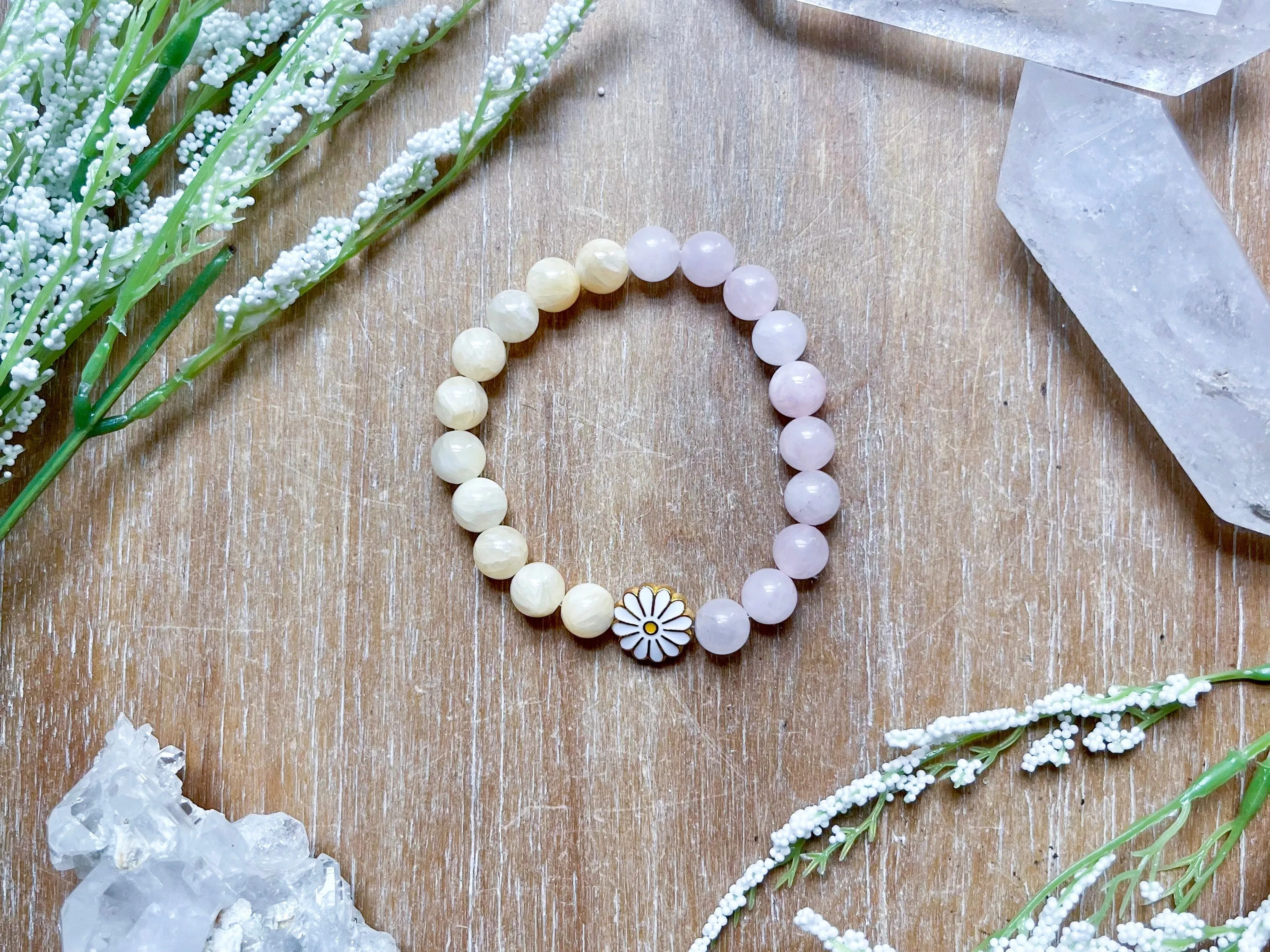 Yellow Calcite & Rose Quartz Daisy Beaded Bracelet || Reiki Infused