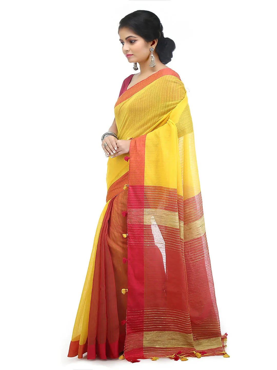 Yellow pink bengal handloom cotton blend saree