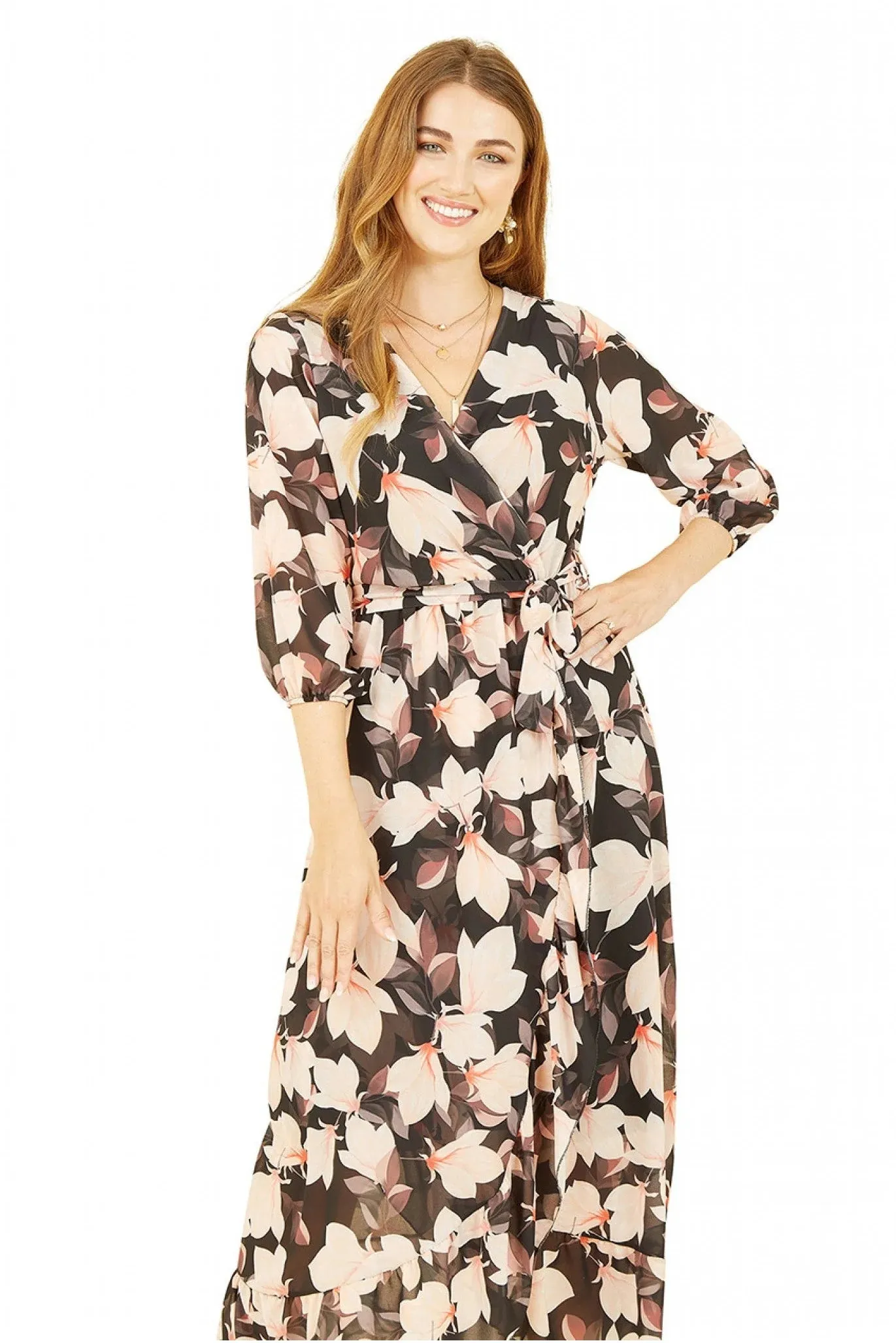 Yumi Black Blossom Wrap Midi Dress With 3/4 Sleeves