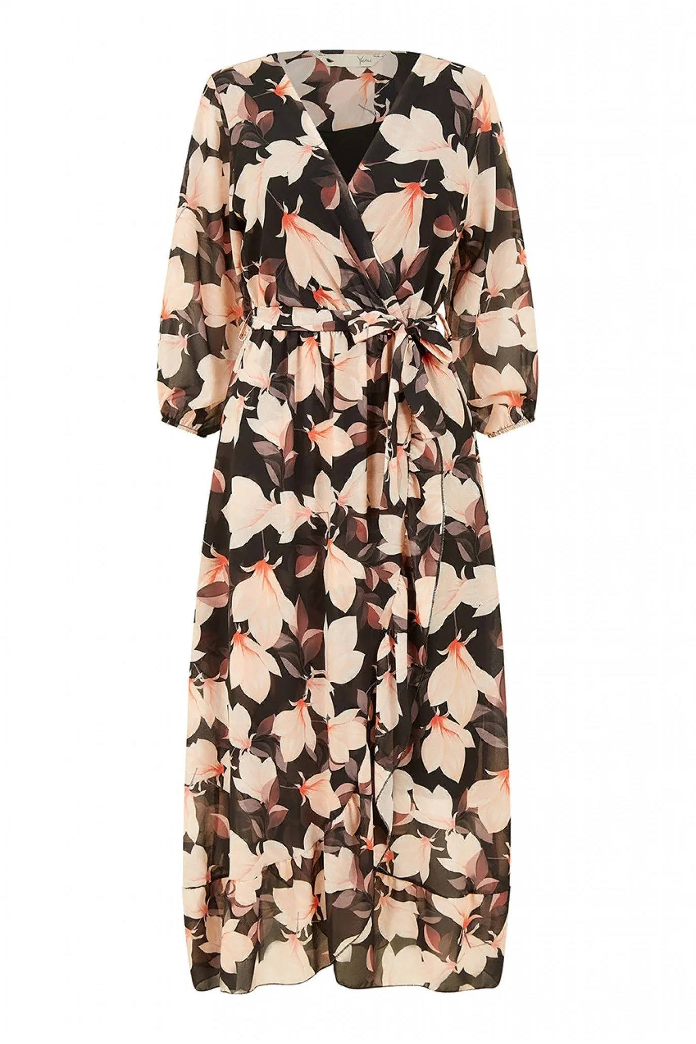 Yumi Black Blossom Wrap Midi Dress With 3/4 Sleeves