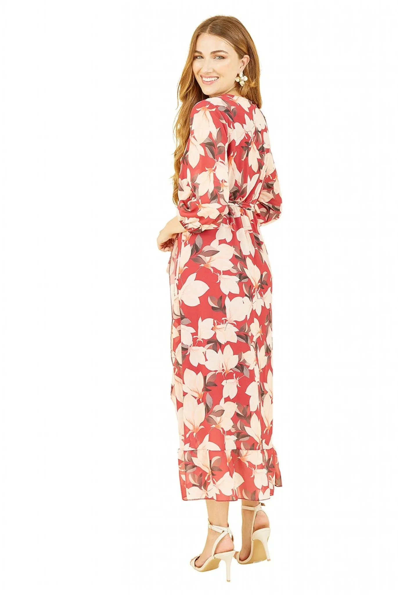 Yumi Red Blossom Wrap Midi Dress With 3/4 Sleeves